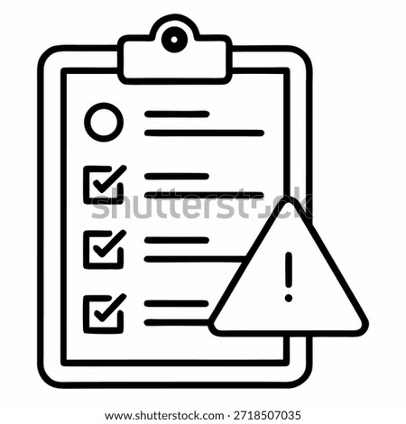 Graphic depicting a clipboard featuring a partial checklist with several items marked complete via checkmarks, one remaining open circle, and an overlaid triangular warning sign featuring an exclamation point, symbolizing critical process review, urgent error identification, or failed compliance requirement needing immediate corrective action.