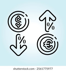 Graphic depicting interest rate changes for US dollar and Euro.  Arrows show increase and decrease percentage.