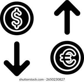 Gráfico que mostra as alterações da taxa de juro em dólares dos EUA e o estilo sólido do ícone do vetor do euro.  As setas mostram a porcentagem de aumento e diminuição.