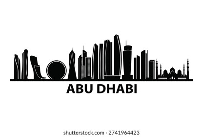 A graphic depiction of Abu Dhabi UAE cityscape with a black skyline in a flat art style.