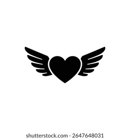 Representação gráfica de um coração negro com asas de anjo estilizadas que se estendem de seus lados, transmitindo temas de amor, liberdade e transcendência em uma forma vetorial simples.