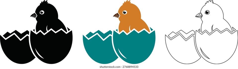A graphic depiction of a chick hatching from an egg, shown in three color variations representing stages of development.