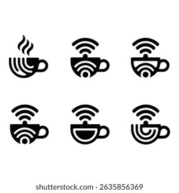Graphic depiction of coffee cups paired with WiFi symbols. The image conveys the idea of coffee shops offering free internet to patrons. Modern simple design.