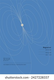 Graphic depiction of magnetic field lines with central white dot on a blue background. Abstract geometric shapes. Modern aesthetics, minimalist art. Vector design for creative cover, poster and ad.