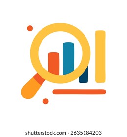 Graphic depiction of a magnifying glass examining a bar chart with orange blue and yellow bars