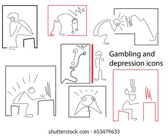 Graphic depiction of people susceptible to depression and gambling. Black-and-white drawings of people at a computer, a monitor, hands holding a head. Stylized figures of people