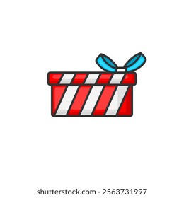 A graphic depiction of a red gift box with striped pattern and a blue bow. celebration, gifting, and festive occasions, this vibrant image is ideal for use in holiday and gift-related themes.