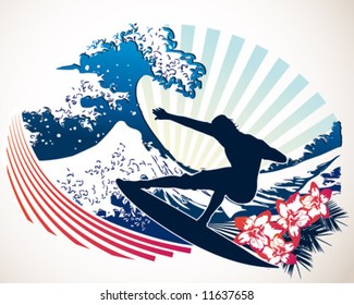 Graphic depiction of surfer and big wave