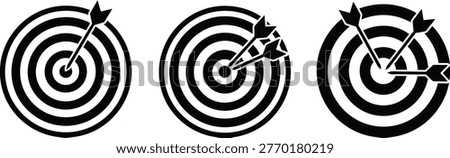 A graphic depiction of three target boards, each with an arrow, showcasing varying degrees of accuracy and impact.