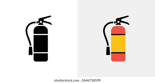 Graphic depiction of two simplified fire extinguisher icons, one in solid black and the other in color with red, yellow and black elements, presented against light grey backgrounds.