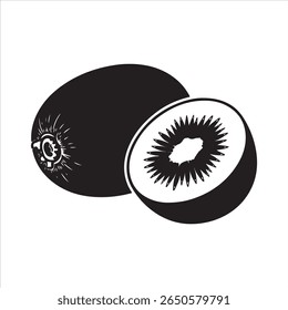 A graphic depiction of a whole kiwi and a sliced kiwi showing its seeds and flesh.