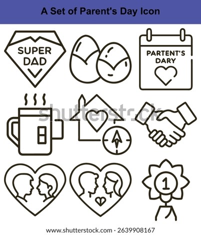 Graphic depicts a linear icon set representing Super Dad, parents, a calendar marked Parent's Day, a house with a heart, handshake, coffee mug, and a first-place award.