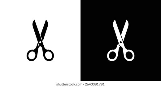 A graphic depicts a simple scissors icon, presented in both black on white and white on black. It's a vector illustration ideal for design projects.