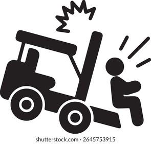 A graphic depicts a stick figure being struck by a forklift. It may represent a workplace accident or forklift safety concerns.
