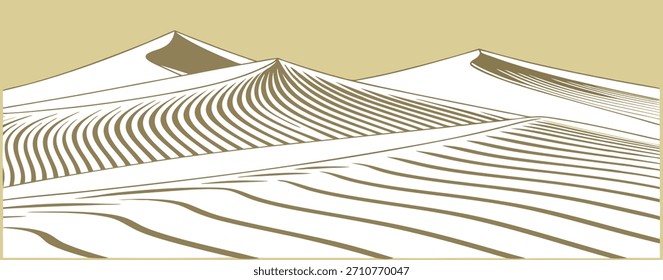 Graphic desert dunes with wind lines in tan against a beige sand landscape