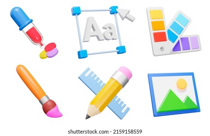 Graphic design 3d icon set  Tools for art   graphics  creativity   creation  digital creativity  web development  Isolated icons  objects transparent background