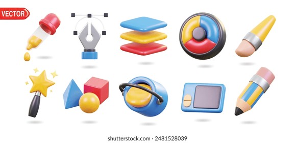 Conjunto de iconos de Diseño gráfico 3d. Herramientas para arte y gráficos. Cubo, Selector de color, Rueda de color, Bloc de dibujo, Capas, Herramienta mágica, Pincel, Lápiz, Formas, Pluma de Vector