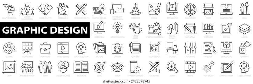 Diseño gráfico 50 iconos establecidos. Iconos lineales simples en un plano de estilo moderno. símbolo de proceso creativo. Diseño gráfico, paquete creativo, estacionario, software, edición, freelance y más.