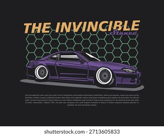 graphic design with 90s vehicle vector image and text along with background
