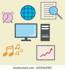 graphic design about office work tools consisting of computers, search symbols, internet, music, data, and clocks