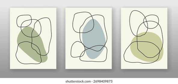 Diseño gráfico con Formas redondas abstractas para un póster o portada con espacio vacío para texto. Arte Abstractas con líneas suaves y manchas coloridas. Conjunto de Plantillas. Ilustración vectorial.