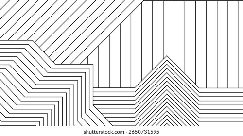 Um design gráfico com linhas verticais e angulares criando formas e padrões geométricos. A imagem é monocromática, com um fundo branco e linhas pretas.