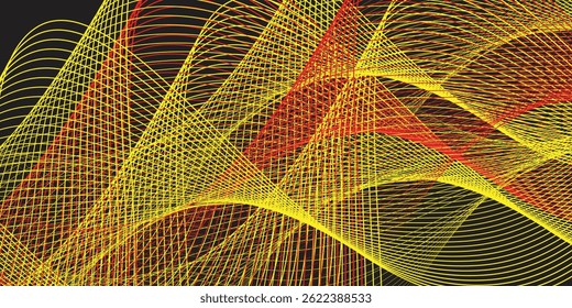 Graphic design art of abstract illusion of spiral with geometric shapes of yellow and red neon lines