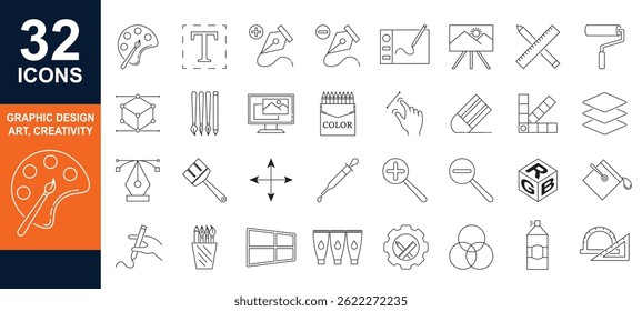 Graphic Design Art Creativity Line Icons. Editable Stroke. For Mobile and Web. Contains such icons as Creativity, Layout, Design App, Art Tools, Drawing Tablet, Typography, RGB, CMYK, Color