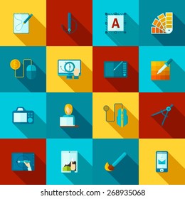Graphic design art studio flat long shadow icons set isolated vector illustration