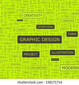 GRAFISCHES DESIGN. Hintergrundkonzept WordCloud-Illustration. Print Concept word Cloud. Grafische Collage mit verwandten Tags und Begriffen. Vektorgrafik. 