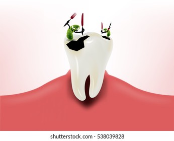 graphic design of bacteria eating tooth on gum, dental health design concept, decayed tooth