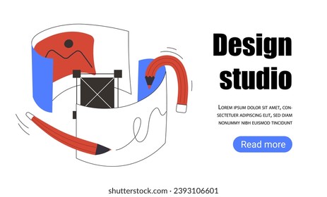 Graphic design banner. Creativity and art. Webpage template, UI and UX design. Application for freelancers and graphic designers. Landing page template. Cartoon flat vector illustration