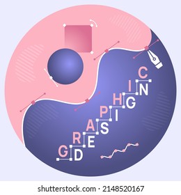 Cartel o afiche de diseño gráfico para marketing de sitios web o redes sociales. Ilustración vectorial con diseño gráfico de frases e imagen de herramientas para su creación. EPS