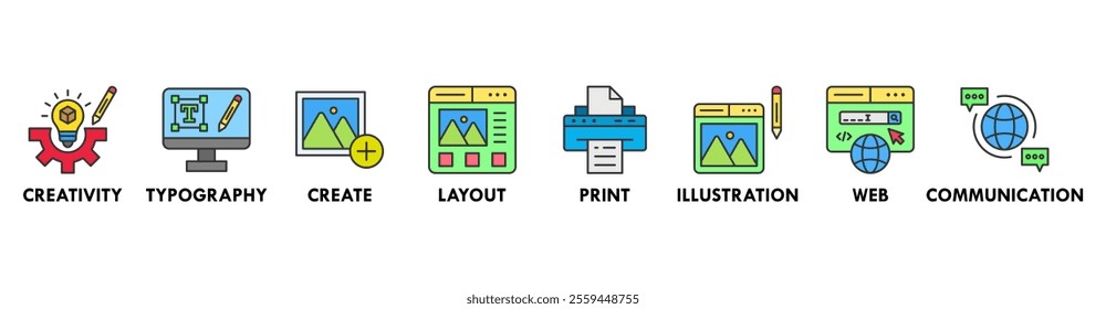 Graphic Design banner web icon set vector illustration symbol infographic concept with icon of creativity, typography, create, layout, print, illustration, web, and communication