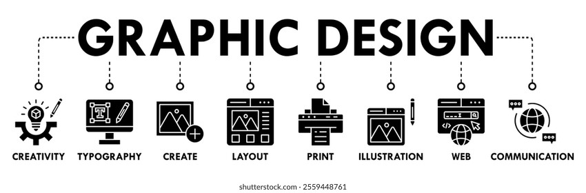 Graphic Design banner web icon set vector illustration symbol infographic concept with icon of creativity, typography, create, layout, print, illustration, web, and communication
