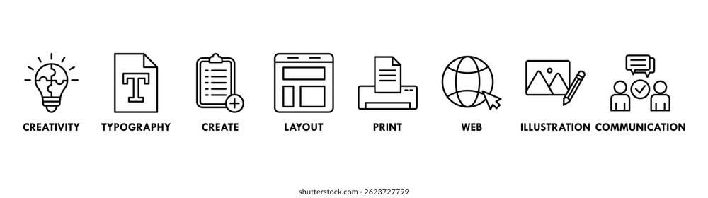 Graphic design banner web icon vector illustration concept with icon of creativity, typography, create, layout, print, web, illustration and communication 