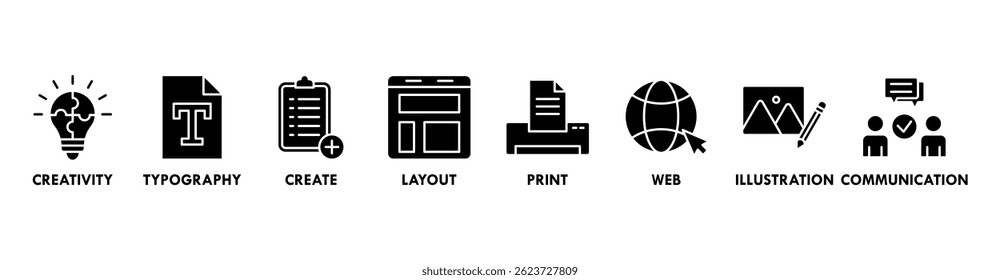 Graphic design banner web icon vector illustration concept with icon of creativity, typography, create, layout, print, web, illustration and communication 