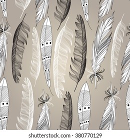Graphic design beautiful bird feathers on a brown background. Vector illustration for design.