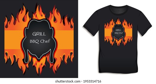 Graphic design of black BBQ and grill t-shirts, grilled chicken on fire, black board with chalk text vector