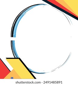 Graphic design with black and blue circle, red and yellow shapes on white background. Suitable for modern and abstract concepts.