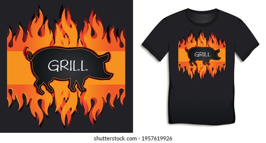 Graphic design of black pig and grill t-shirts, grilled pork on fire, black board with chalk text vector