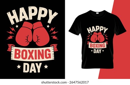 A graphic design for a black t-shirt celebrating Boxing Day, featuring red boxing gloves, lightning bolts, and distressed text.