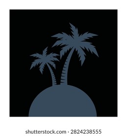 Graphic design of blue palm tree silhouettes on a tropical island. Minimalist summer background suitable for print, web, and tropical themes.