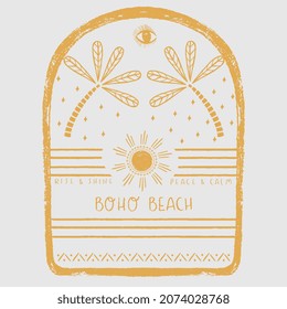 GRAPHIC DESIGN BOHO BEACH WITH RISE AND SHINE PEACE AND CALM TEXT VECTOR SKETCH