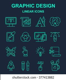 Graphic design  bright linear icons set on black. Line style designer symbols.