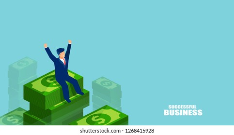 Graphic design of businessman in isometric style sitting on tall pile of dollars celebrating victory on blue background