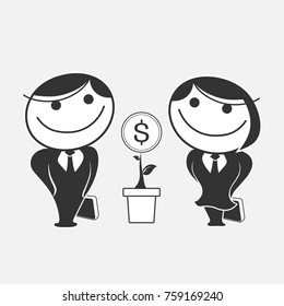 Graphic design businessman and woman investor take good care for flower money tree. Business concept of money growth, investment partnership
