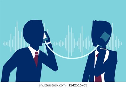 Graphic design of businessmen speaking on phone having private conversation on blue background 