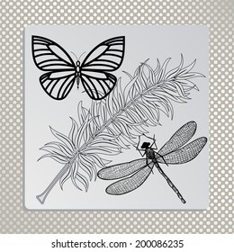 Mariposa de diseño gráfico, libélula, pluma    patrón de fondo 