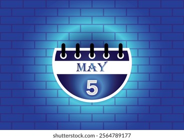 A graphic design of a calendar page showing May 5th.  The page is circular and blue, set against a textured blue brick wall. The overall aesthetic is modern and minimalist.